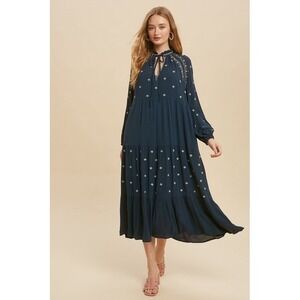 IN LOOM Sz‎ M Teal Maxi Dress Self Ties Tiered Embroidered Cottagecore Peasant